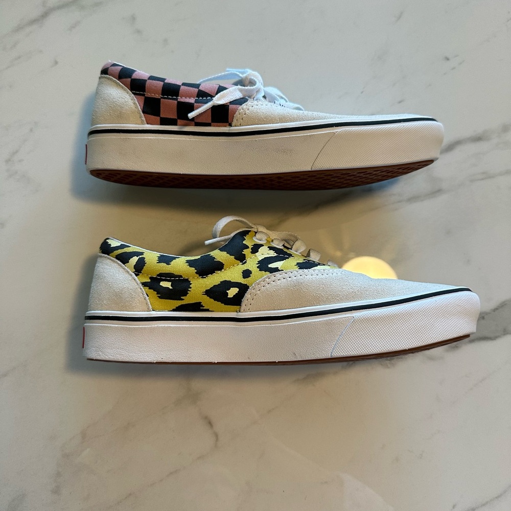 Van’s mixed media comfy cushion lace ups. Checker and animal print. M 6.5, W 8.